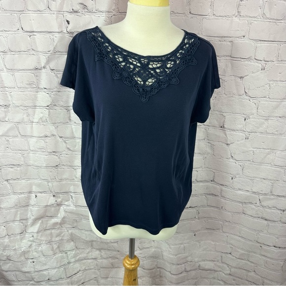 Talbots Navy Crochet Accent short sleeve tee sz XL petite - Picture 1 of 6